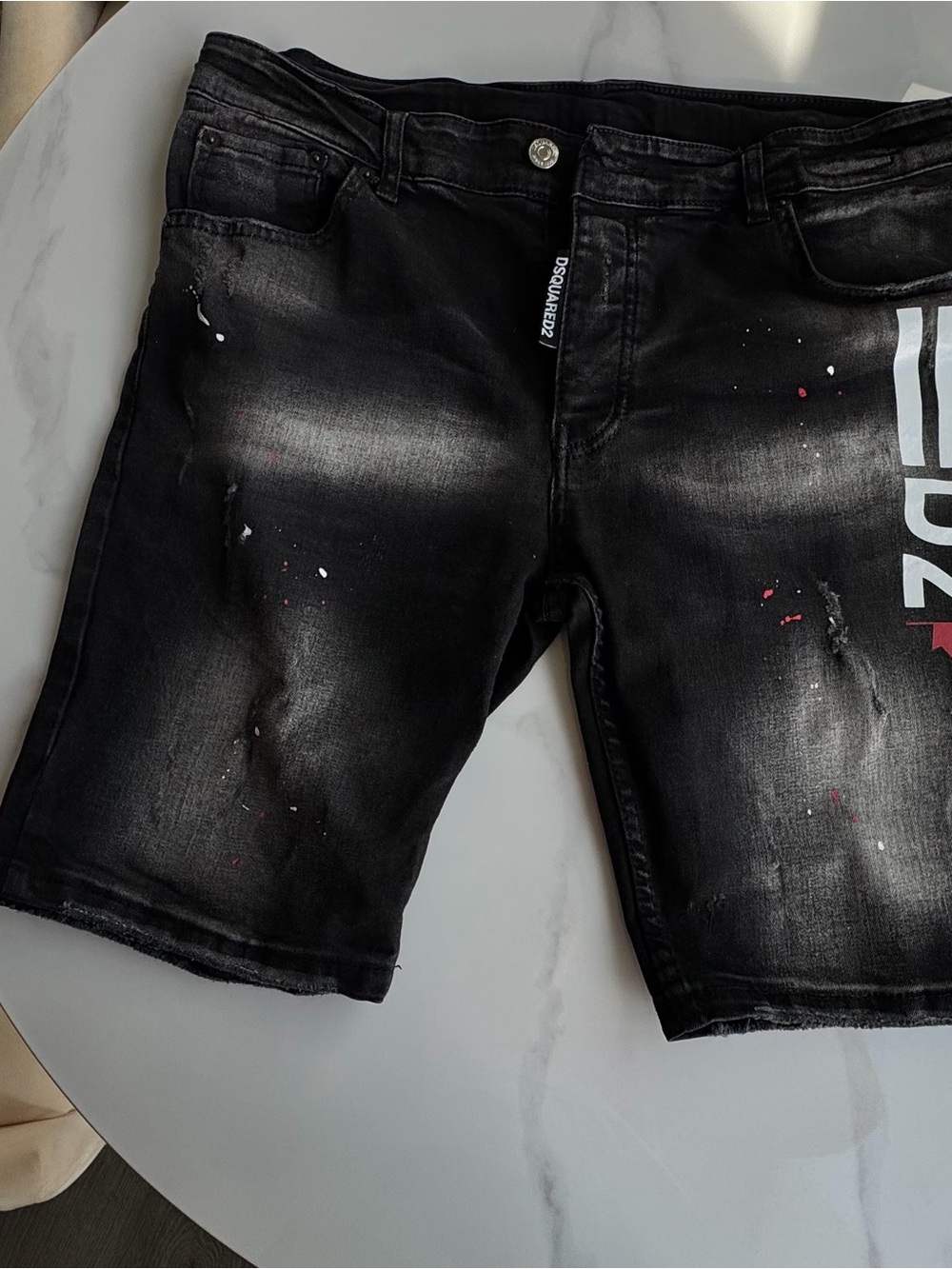 DSQUARED2 Black Distressed Paint-Splatter Men’s Denim Shorts